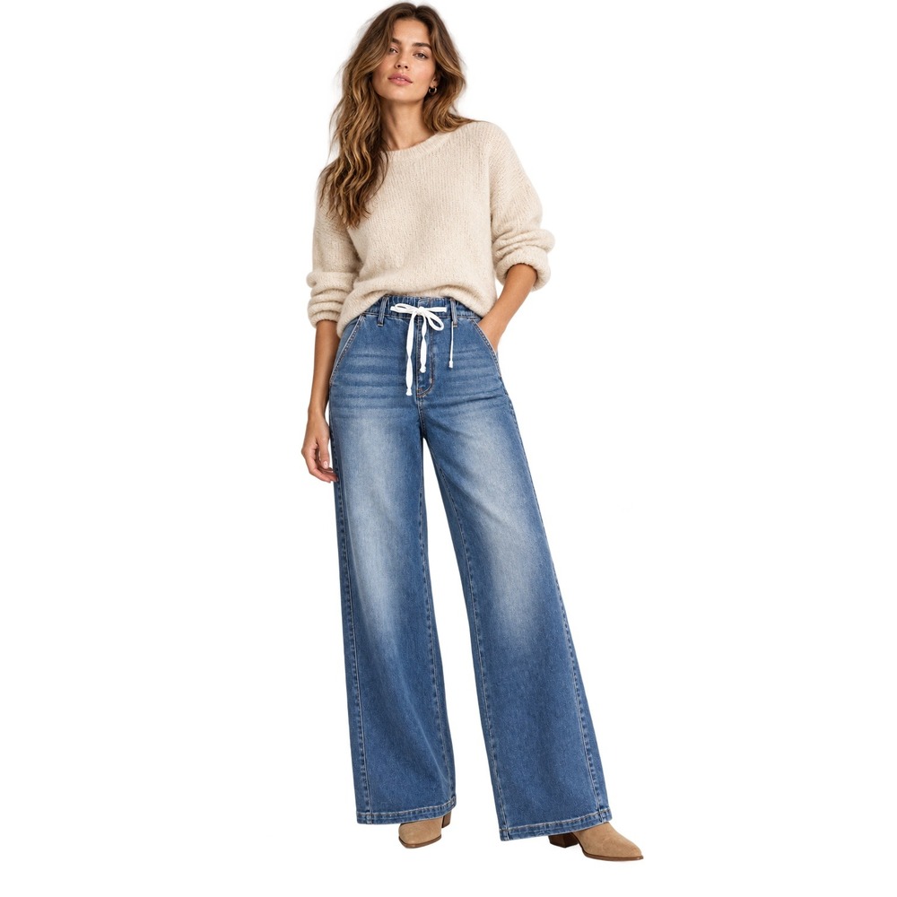 Lovervet by Vervet High Rise Wide Leg Jeans Blue Waist Tie Size 32/15 NWT